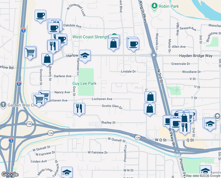 map of restaurants, bars, coffee shops, grocery stores, and more near 2150 Laura Street in Springfield