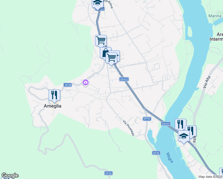 map of restaurants, bars, coffee shops, grocery stores, and more near 64 Via Pisanello in Ameglia