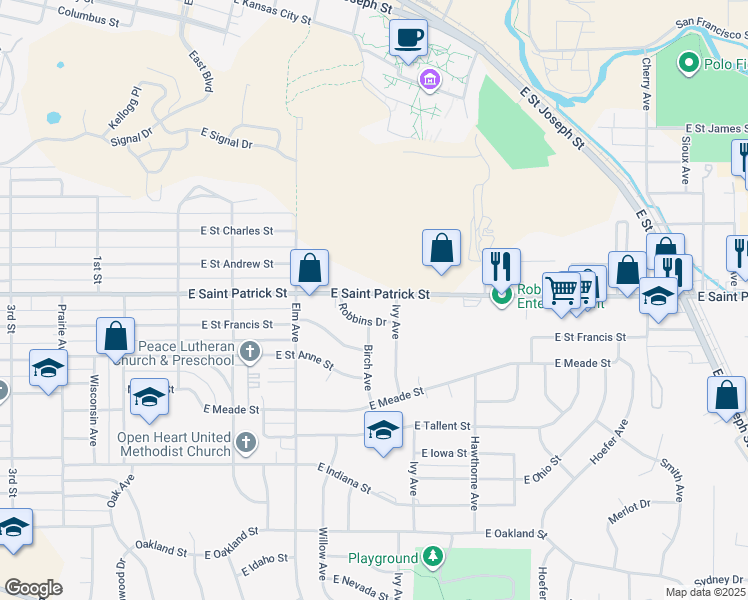map of restaurants, bars, coffee shops, grocery stores, and more near 427 East Saint Patrick Street in Rapid City
