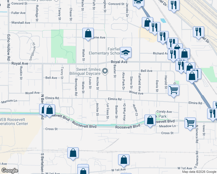 map of restaurants, bars, coffee shops, grocery stores, and more near 545 Hughes Street in Eugene
