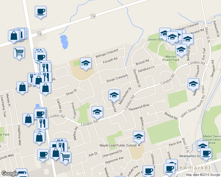 map of restaurants, bars, coffee shops, grocery stores, and more near 296 Plymouth Trail in Newmarket