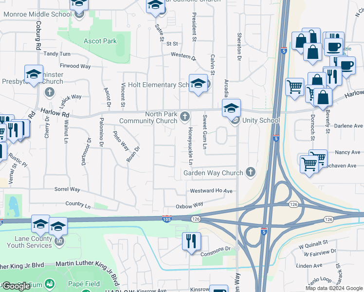 map of restaurants, bars, coffee shops, grocery stores, and more near 520 Honeysuckle Lane in Eugene