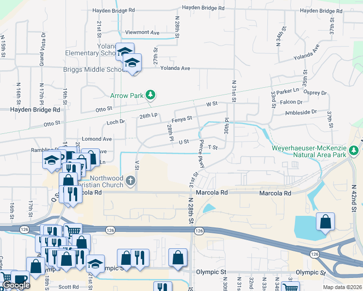 map of restaurants, bars, coffee shops, grocery stores, and more near 2805 U Street in Springfield