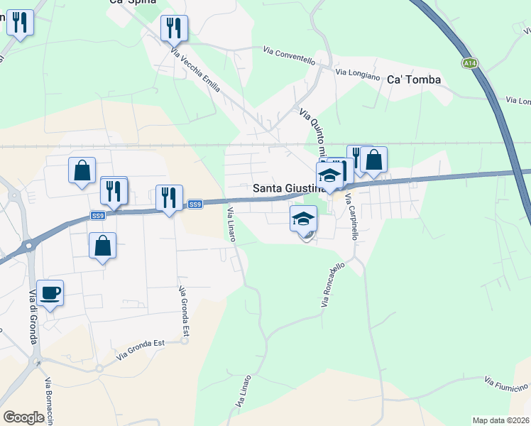 map of restaurants, bars, coffee shops, grocery stores, and more near 2 Via Meldola in Santa Giustina
