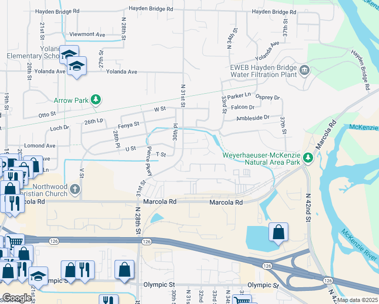 map of restaurants, bars, coffee shops, grocery stores, and more near 3157 U Street in Springfield