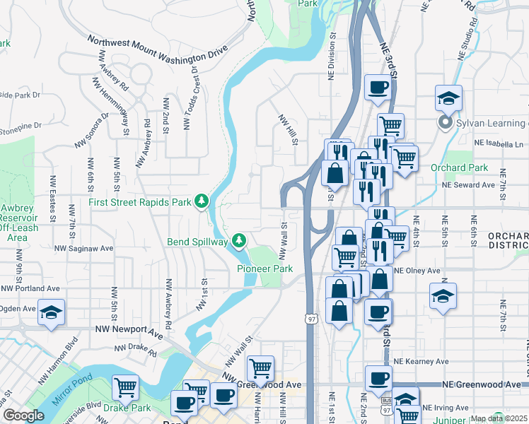 map of restaurants, bars, coffee shops, grocery stores, and more near 1764 Northwest Harriman Street in Bend