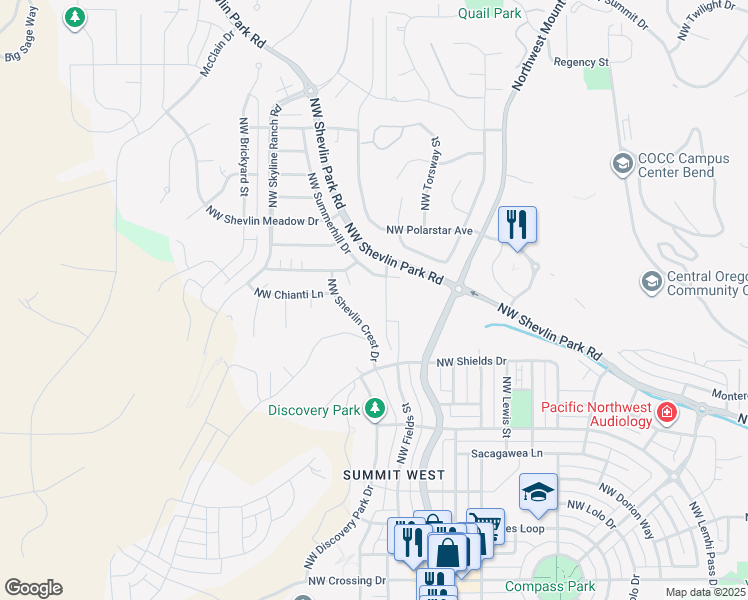 map of restaurants, bars, coffee shops, grocery stores, and more near 2201 Northwest Reserve Camp Court in Bend