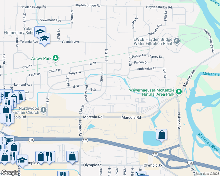 map of restaurants, bars, coffee shops, grocery stores, and more near 3157 U Street in Springfield