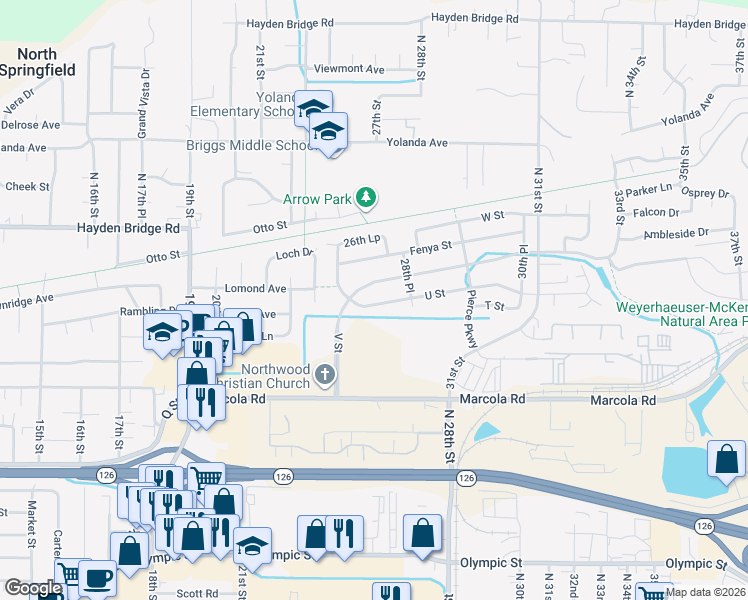 map of restaurants, bars, coffee shops, grocery stores, and more near 2384 Loch Drive in Springfield
