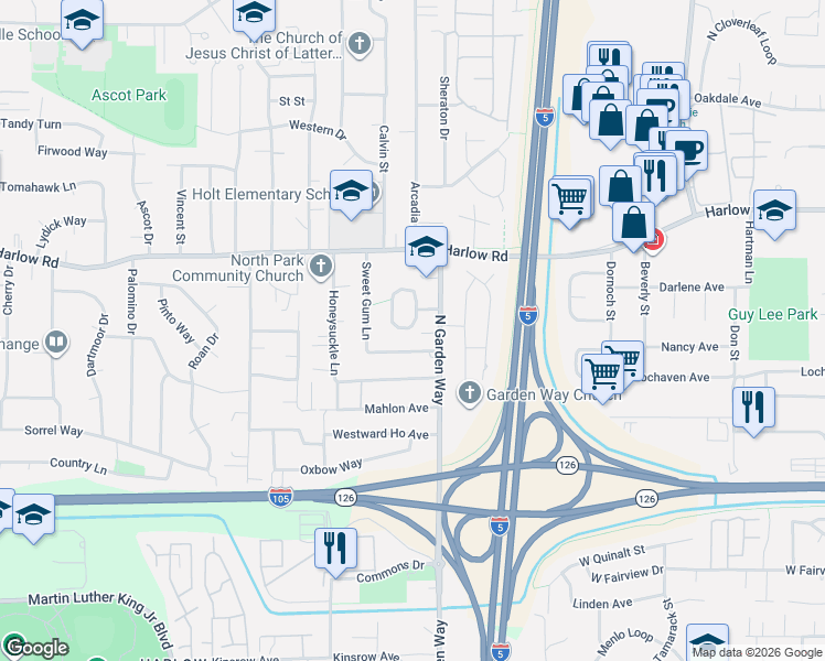 map of restaurants, bars, coffee shops, grocery stores, and more near 3655 Hickory Avenue in Eugene