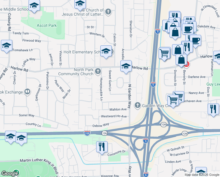 map of restaurants, bars, coffee shops, grocery stores, and more near 511 Honeysuckle Lane in Eugene