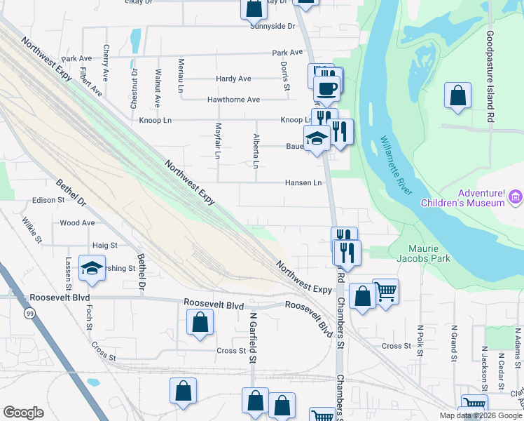 map of restaurants, bars, coffee shops, grocery stores, and more near 185 Briarcliff Drive in Eugene