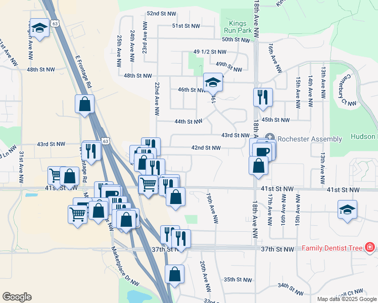 map of restaurants, bars, coffee shops, grocery stores, and more near 2042 42nd St NW in Rochester