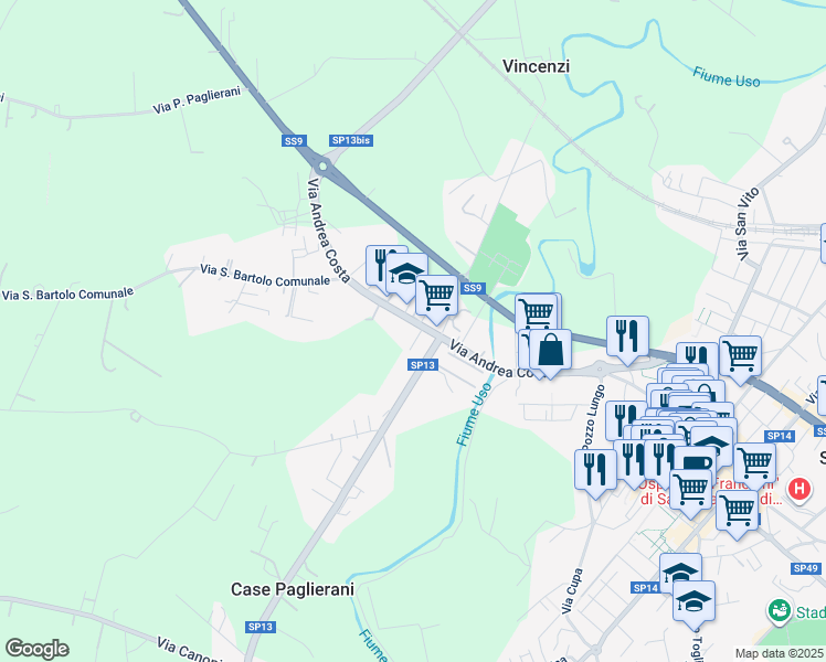 map of restaurants, bars, coffee shops, grocery stores, and more near 14 Strada Provinciale 13 in Santarcangelo di Romagna