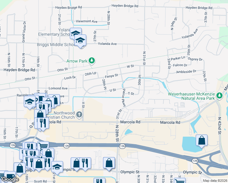 map of restaurants, bars, coffee shops, grocery stores, and more near 2853 U Street in Springfield