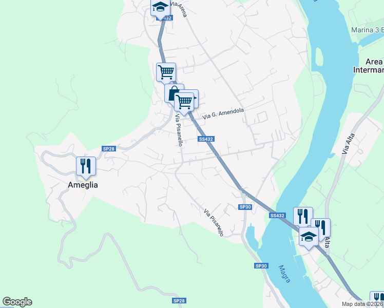 map of restaurants, bars, coffee shops, grocery stores, and more near 9 Via Giacomo Leopardi in Ameglia