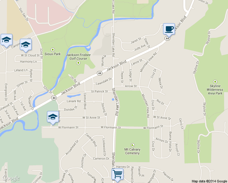 map of restaurants, bars, coffee shops, grocery stores, and more near 1900 Sheridan Lake Road in Rapid City