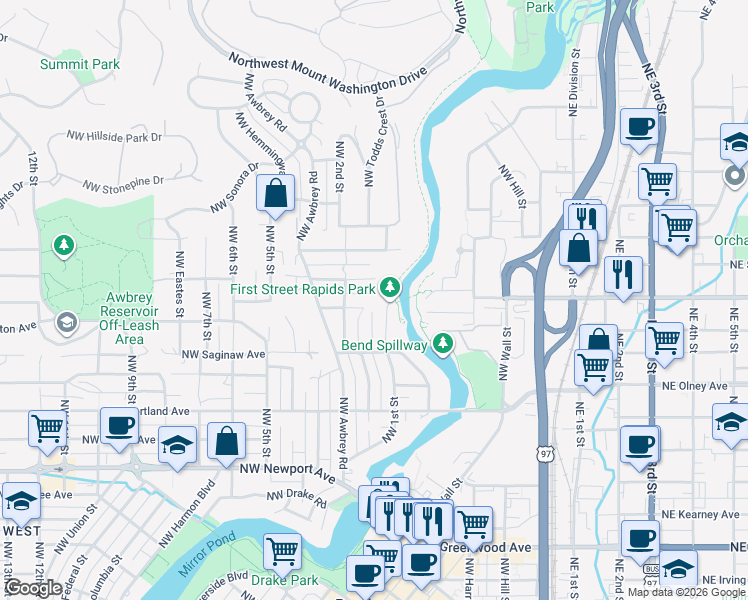 map of restaurants, bars, coffee shops, grocery stores, and more near 1965 Northwest 1st Street in Bend