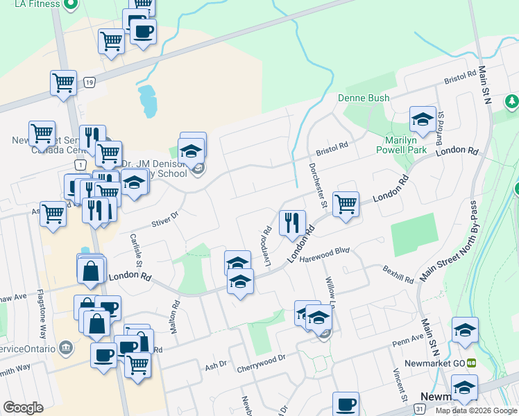 map of restaurants, bars, coffee shops, grocery stores, and more near 296 Plymouth Trail in Newmarket