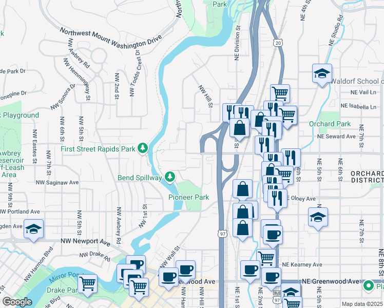 map of restaurants, bars, coffee shops, grocery stores, and more near 1727 Northwest Wall Street in Bend