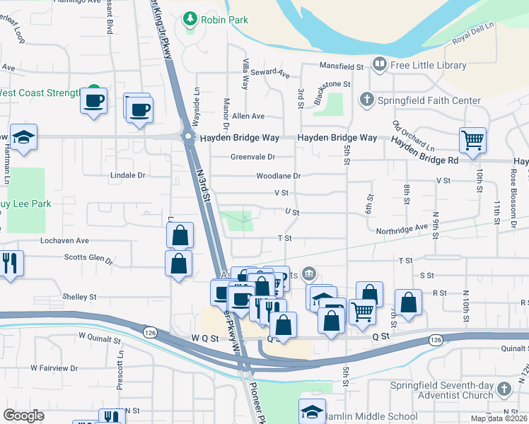 map of restaurants, bars, coffee shops, grocery stores, and more near 135 U Street in Springfield