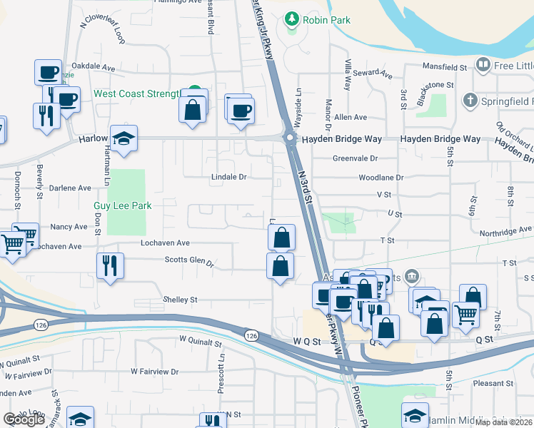 map of restaurants, bars, coffee shops, grocery stores, and more near 2150 Laura Street in Springfield