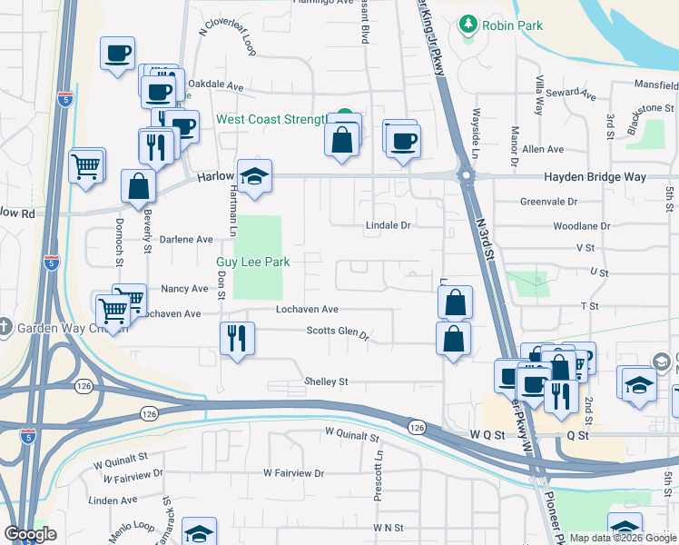 map of restaurants, bars, coffee shops, grocery stores, and more near 2150 Laura Street in Springfield