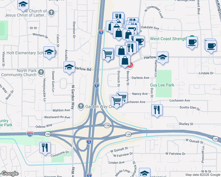 map of restaurants, bars, coffee shops, grocery stores, and more near 1268 Lorne Loop in Springfield