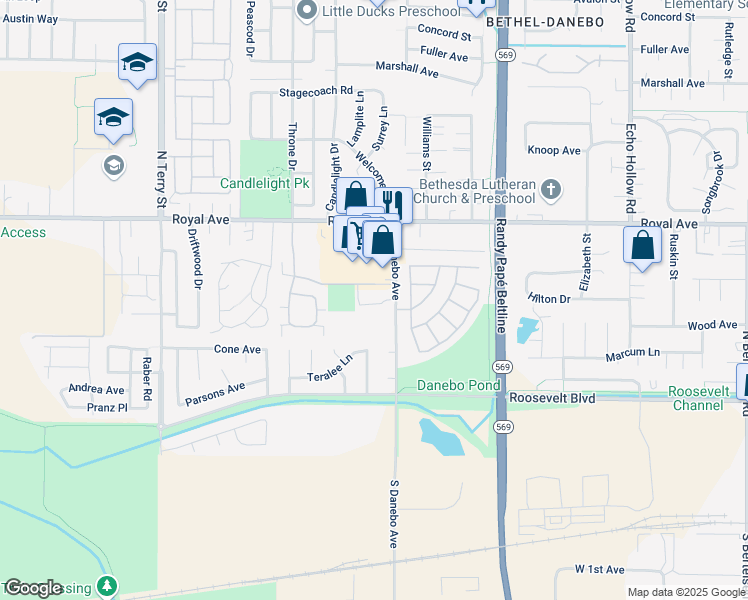 map of restaurants, bars, coffee shops, grocery stores, and more near 550 North Danebo Avenue in Eugene