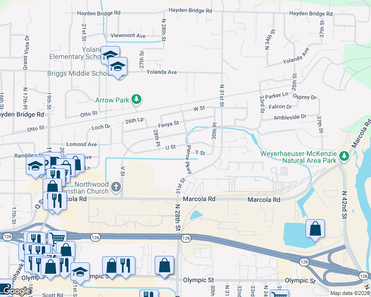 map of restaurants, bars, coffee shops, grocery stores, and more near 2825 Pierce Parkway in Springfield