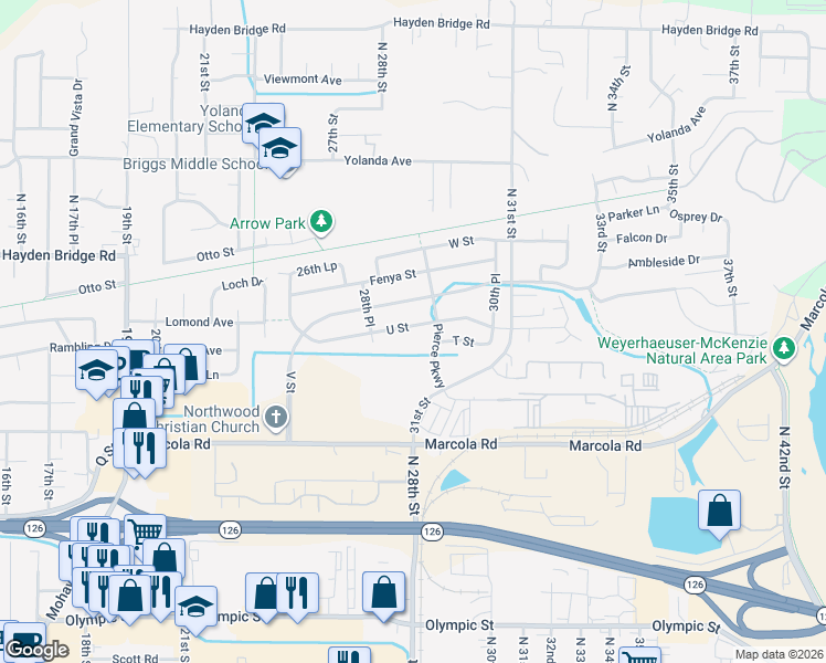 map of restaurants, bars, coffee shops, grocery stores, and more near 2915 U Street in Springfield