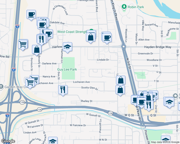 map of restaurants, bars, coffee shops, grocery stores, and more near 2150 Laura Street in Springfield