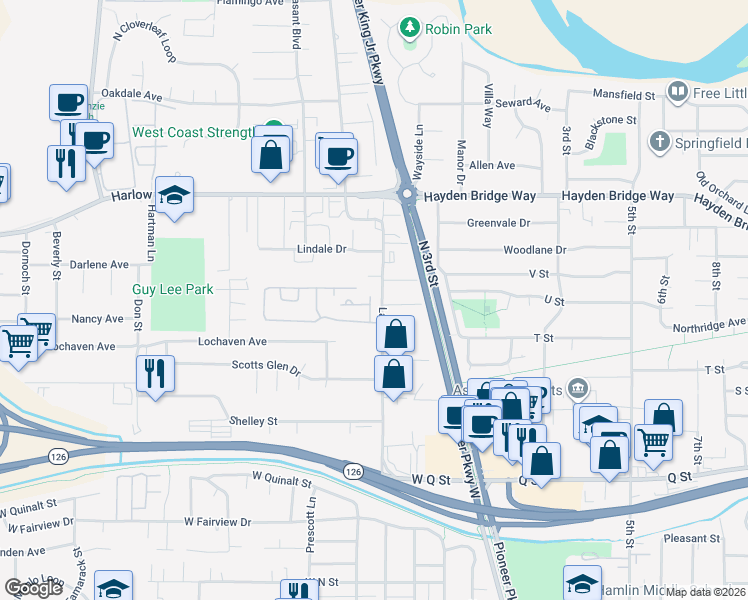 map of restaurants, bars, coffee shops, grocery stores, and more near 2150 Laura Street in Springfield