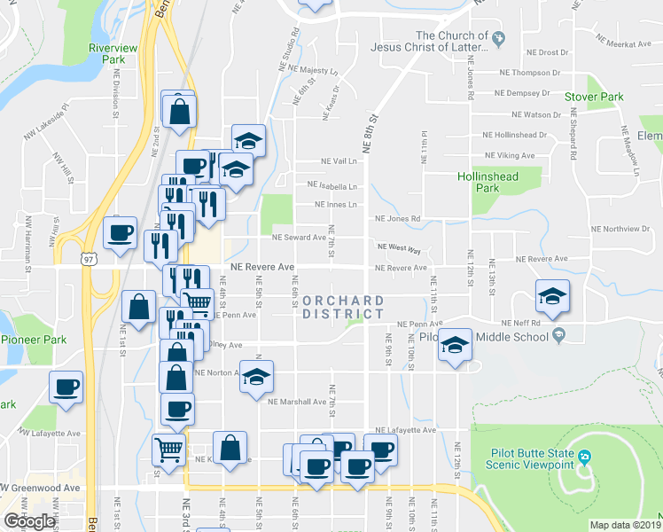 map of restaurants, bars, coffee shops, grocery stores, and more near 699 Northeast Revere Avenue in Bend