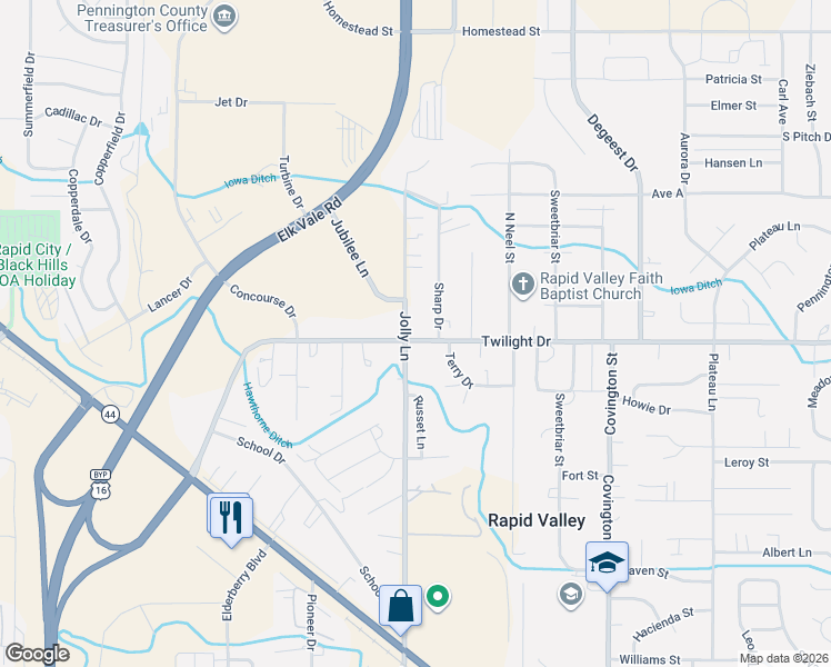 map of restaurants, bars, coffee shops, grocery stores, and more near 3955 Twilight Drive in Rapid City