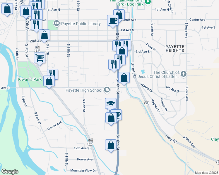 map of restaurants, bars, coffee shops, grocery stores, and more near 1500 6th Avenue South in Payette