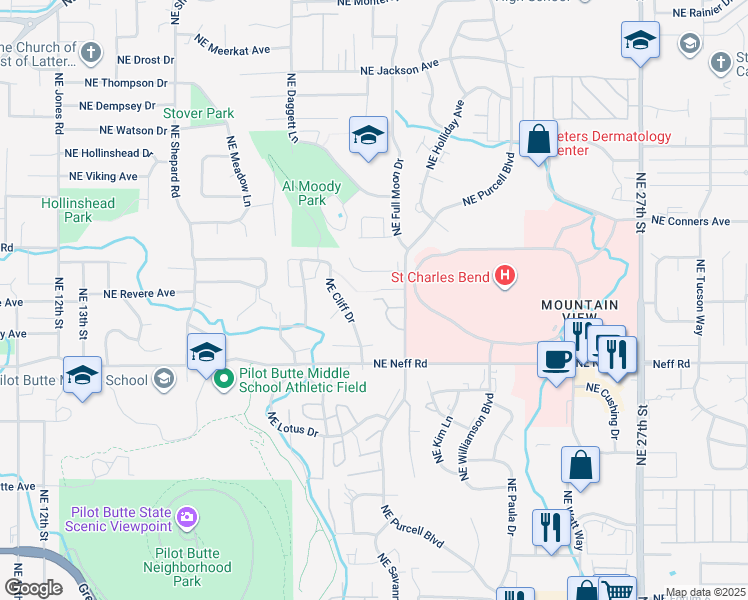 map of restaurants, bars, coffee shops, grocery stores, and more near 1695 Northeast Purcell Boulevard in Bend