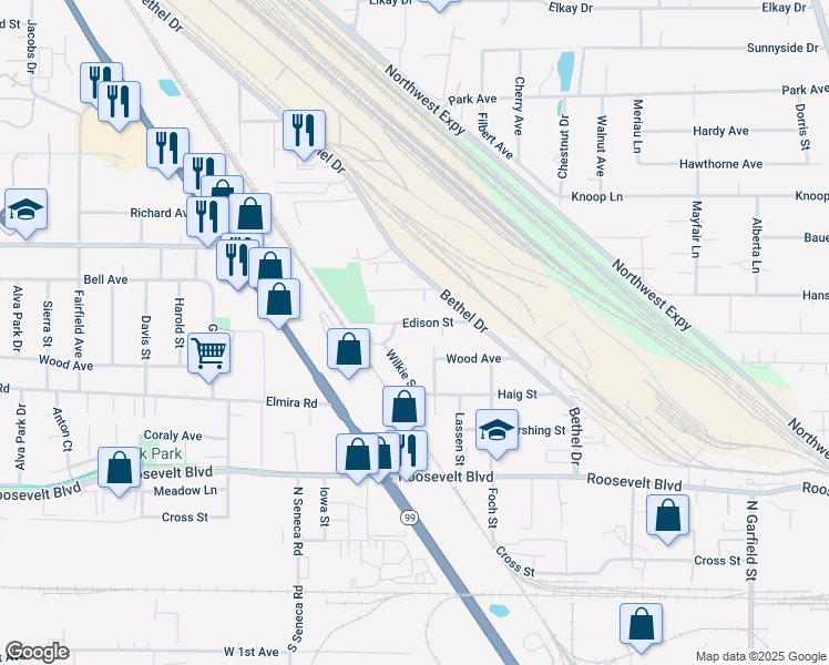 map of restaurants, bars, coffee shops, grocery stores, and more near 2600 Wood Avenue in Eugene