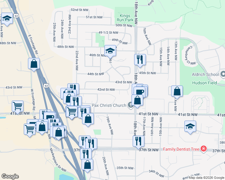 map of restaurants, bars, coffee shops, grocery stores, and more near 4100 19 1/2 Lane Northwest in Rochester