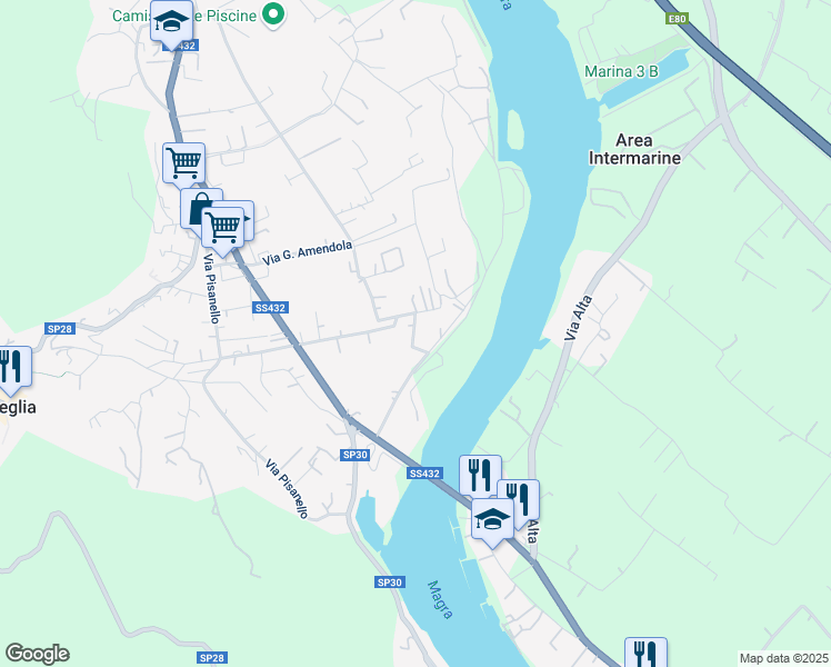 map of restaurants, bars, coffee shops, grocery stores, and more near 13 Via Alessandro Manzoni in Ameglia