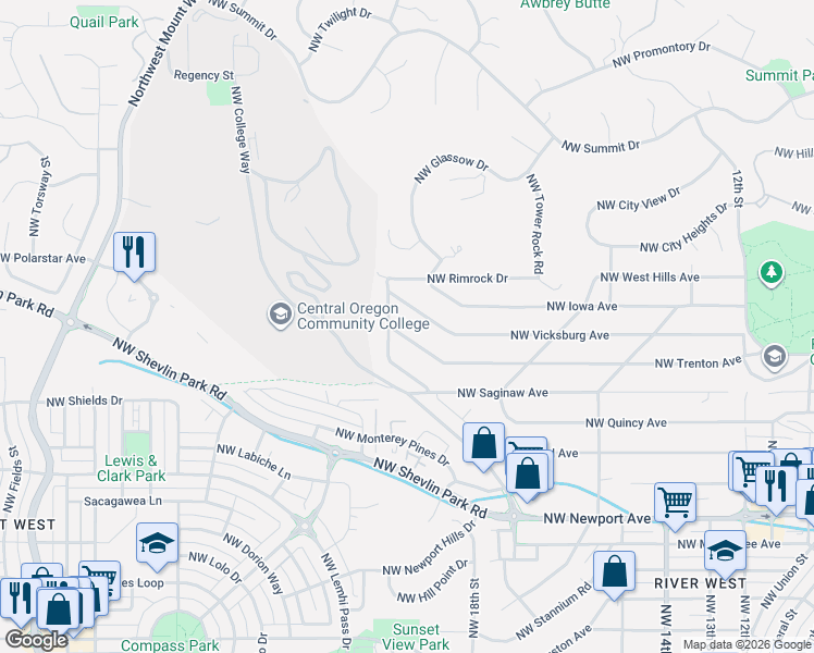 map of restaurants, bars, coffee shops, grocery stores, and more near 2094 Northwest Cascade View Drive in Bend
