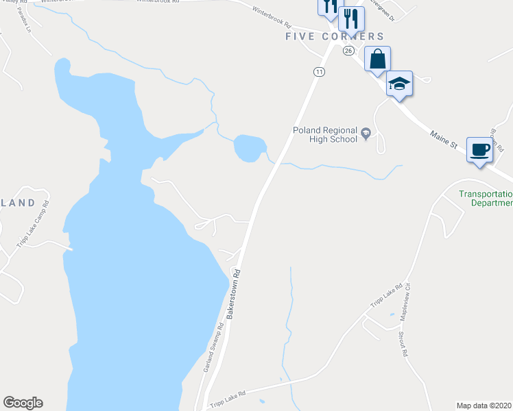 map of restaurants, bars, coffee shops, grocery stores, and more near 11 Bakerstown Road in Poland