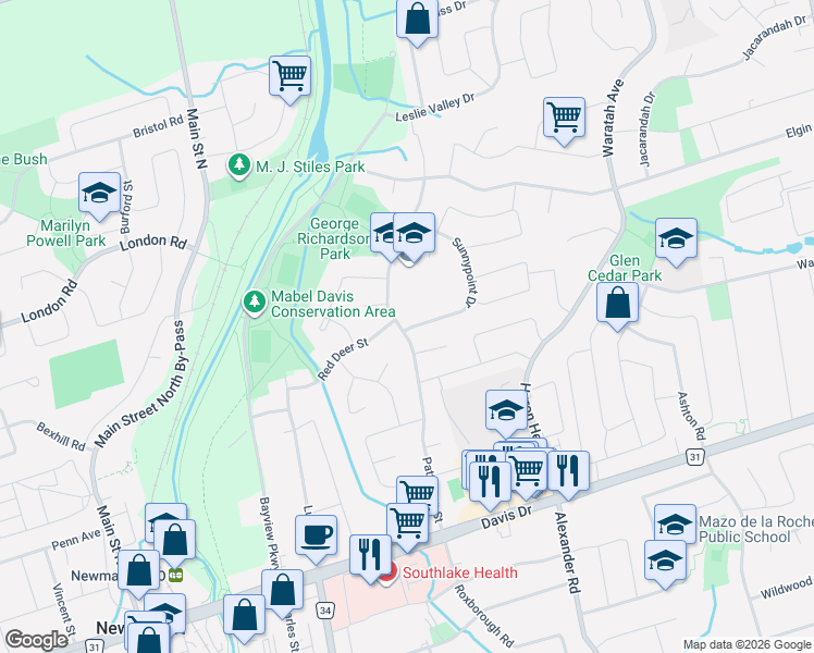 map of restaurants, bars, coffee shops, grocery stores, and more near 689 Sunnypoint Drive in Newmarket