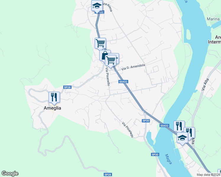 map of restaurants, bars, coffee shops, grocery stores, and more near 64 Via Pisanello in Ameglia