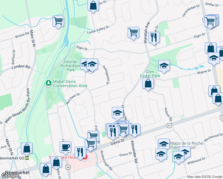map of restaurants, bars, coffee shops, grocery stores, and more near 757 Pam Crescent in Newmarket