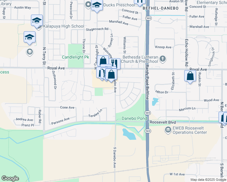map of restaurants, bars, coffee shops, grocery stores, and more near 584 North Danebo Avenue in Eugene