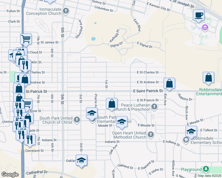 map of restaurants, bars, coffee shops, grocery stores, and more near 54 East Saint Patrick Street in Rapid City