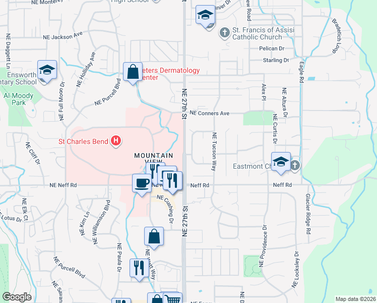 map of restaurants, bars, coffee shops, grocery stores, and more near 1840 Northeast Wichita Way in Bend