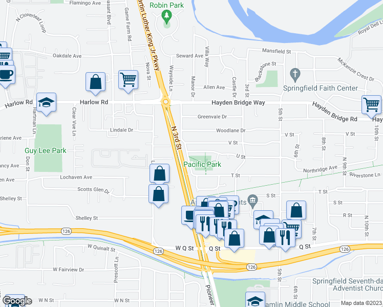 map of restaurants, bars, coffee shops, grocery stores, and more near 19 U Street in Springfield