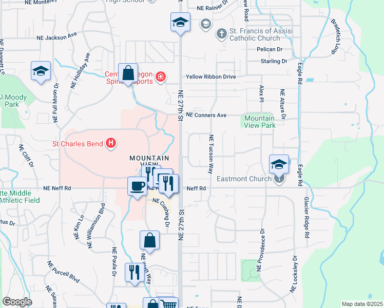 map of restaurants, bars, coffee shops, grocery stores, and more near 1840 Northeast Wichita Way in Bend
